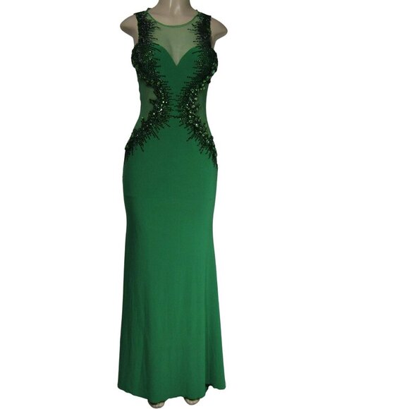 MADISON JAMES 6 Kelly Green BEADED Illusion PROM Evening Formal Maxi Dress - Picture 1 of 13
